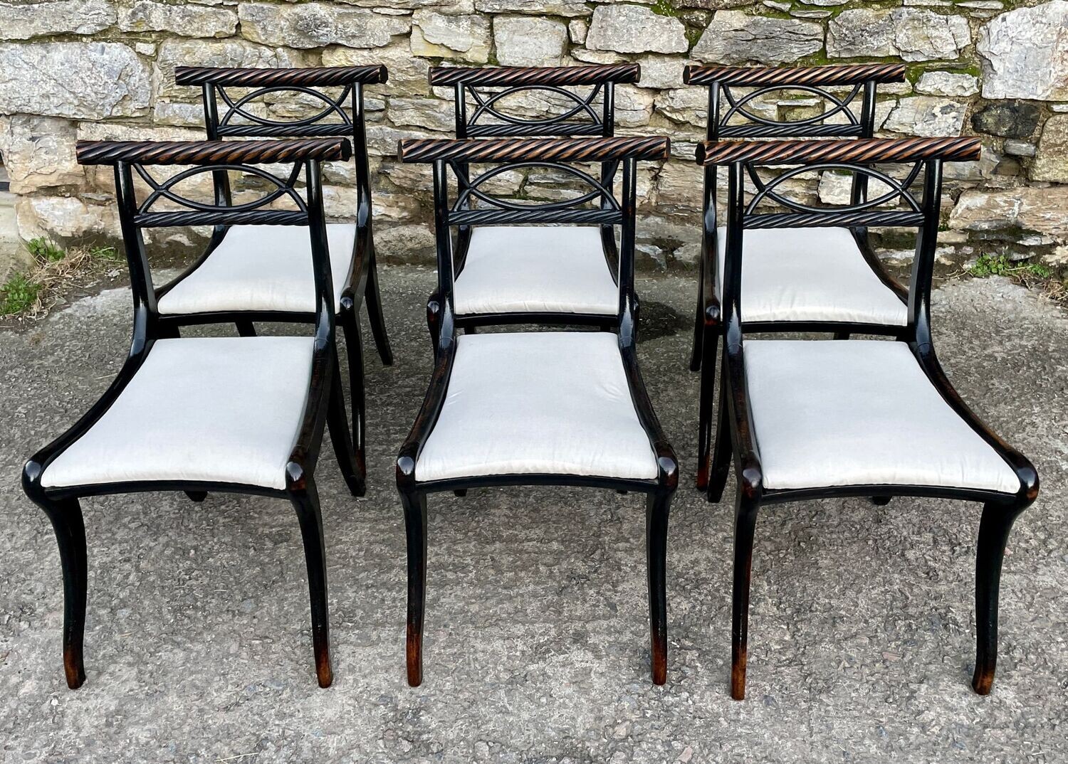 ​Set of 6 Regency Ebonised Rope Twist Trafalgar Chairs​