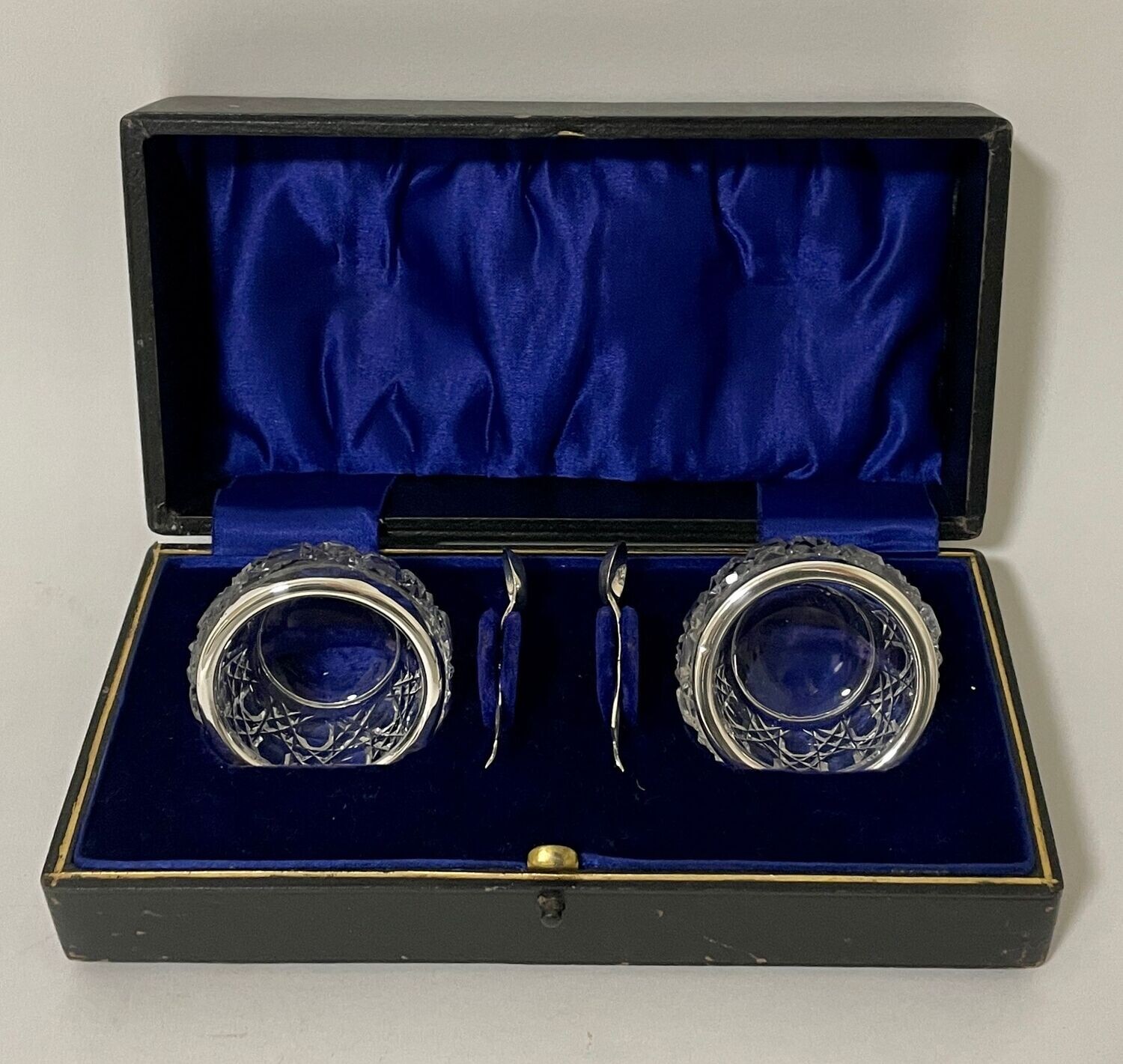 Antique Glass Salts and Silver Spoons in Box
