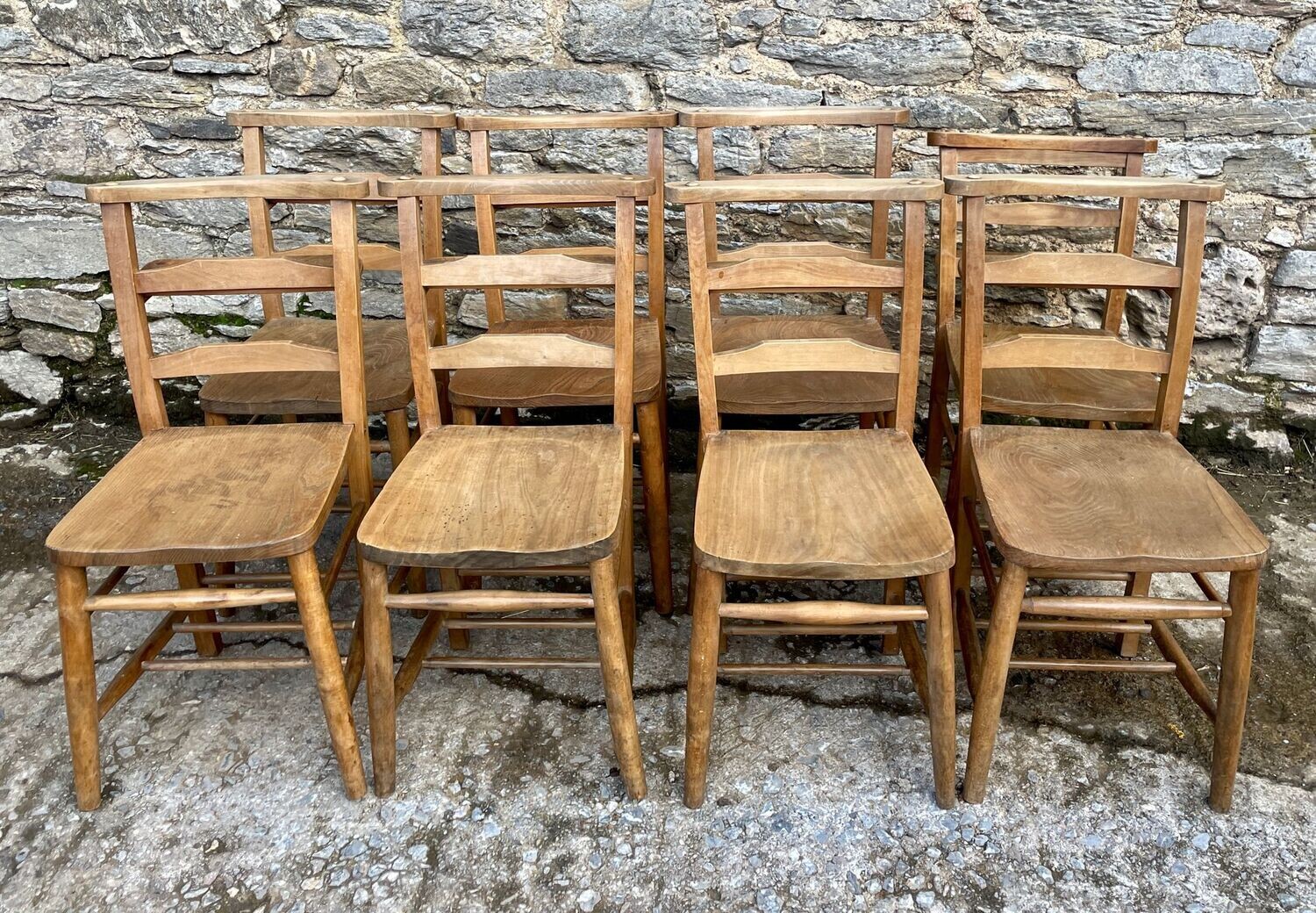 Set of 8 Antique Elm Chapel Chairs