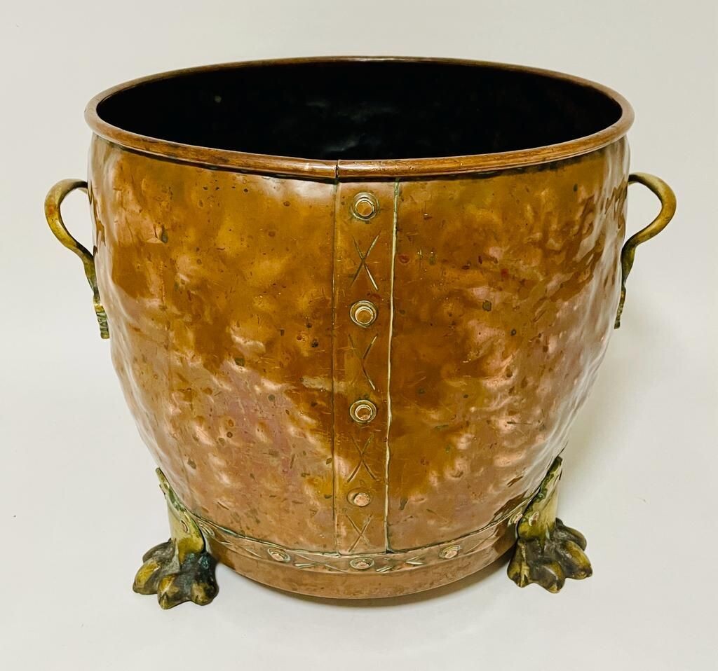 Antique Riveted Copper Bin with Lions Paw Feet