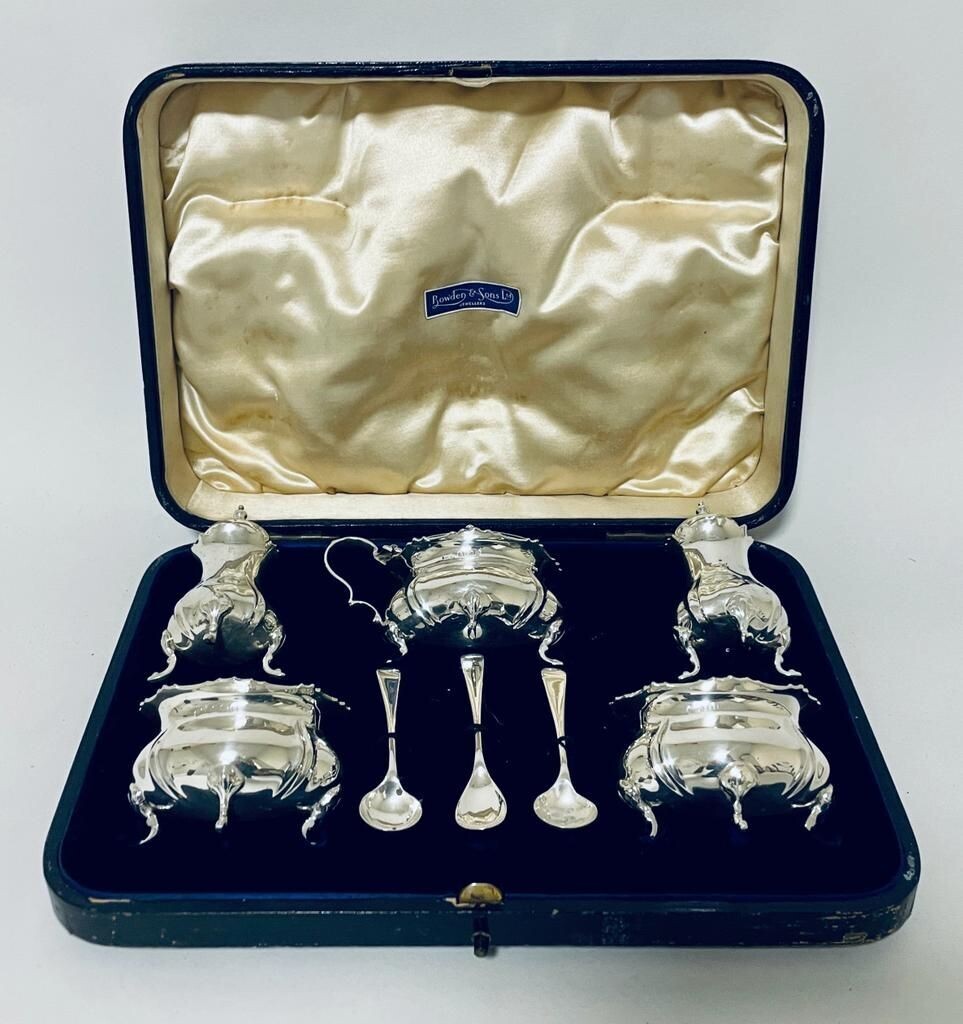 Antique Silver Five Piece Cruet Set