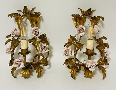 Pair of Gilt Toleware and Ceramic Wall Lights