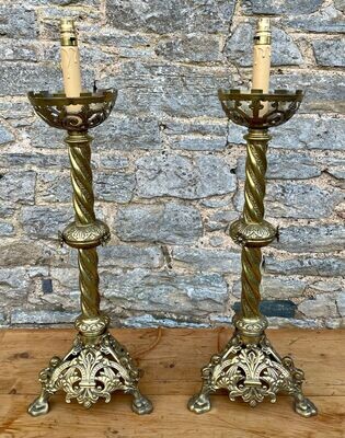 Pair of Large Victorian Brass Altar Candlesticks Converted to Electric