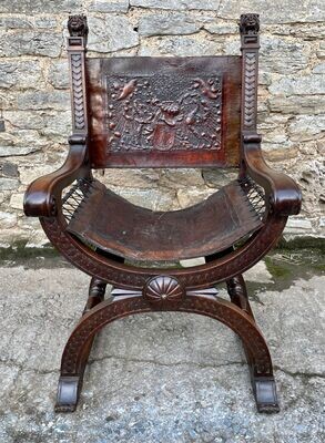 Antique Continental X-Frame Carved Oak Throne