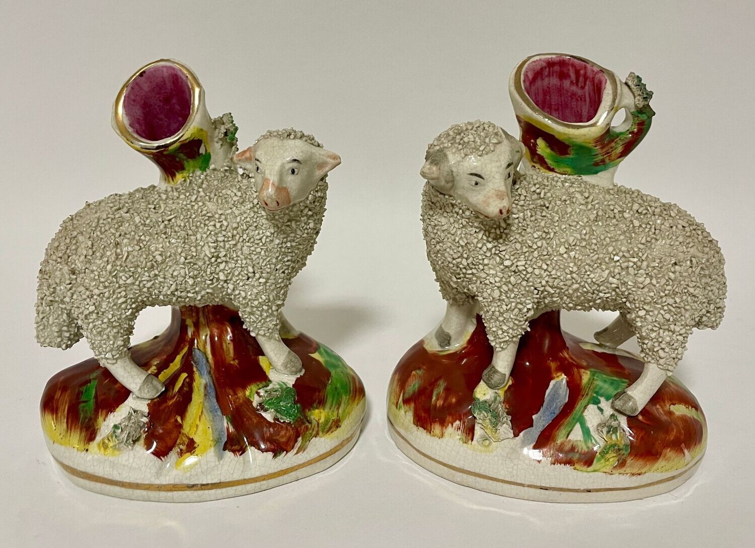 Pair of Victorian Staffordshire Sheep Spill Vases