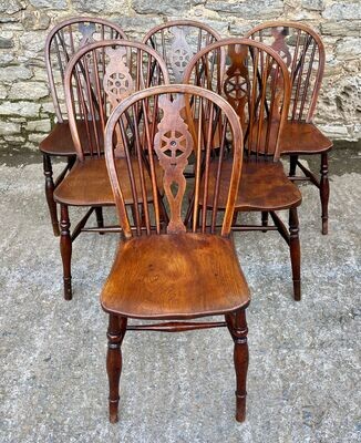 Set of Six Antique Elm Seated Wheelback Chairs