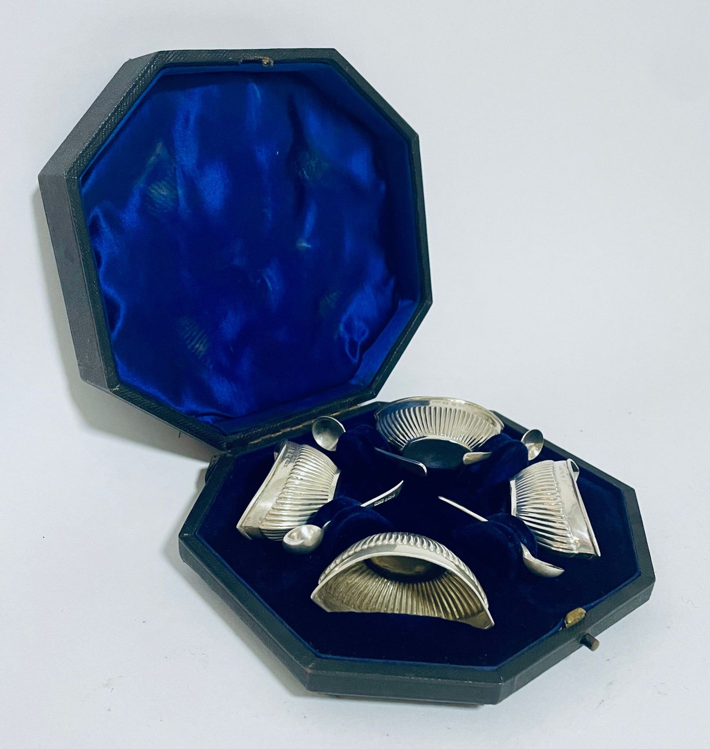 Box of Four Silver Salt Dishes with Spoons