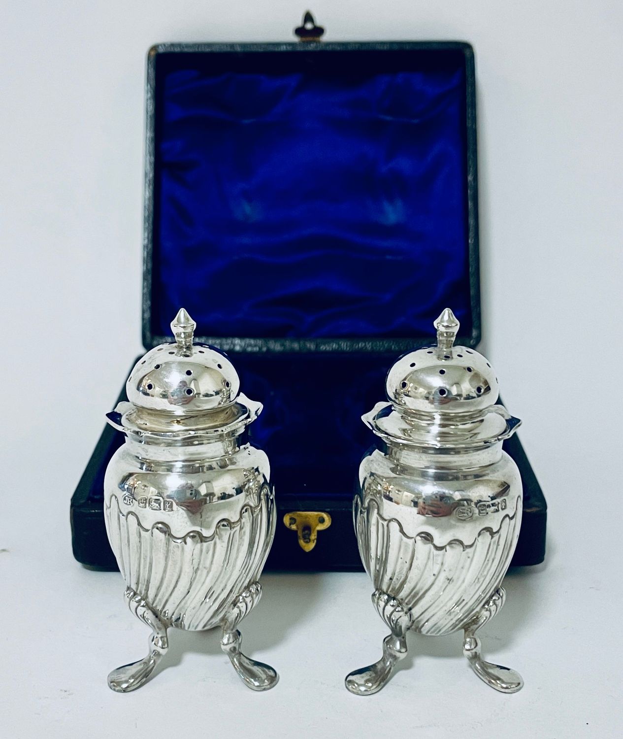 Pair of Victorian Silver Pepper Pots in Box