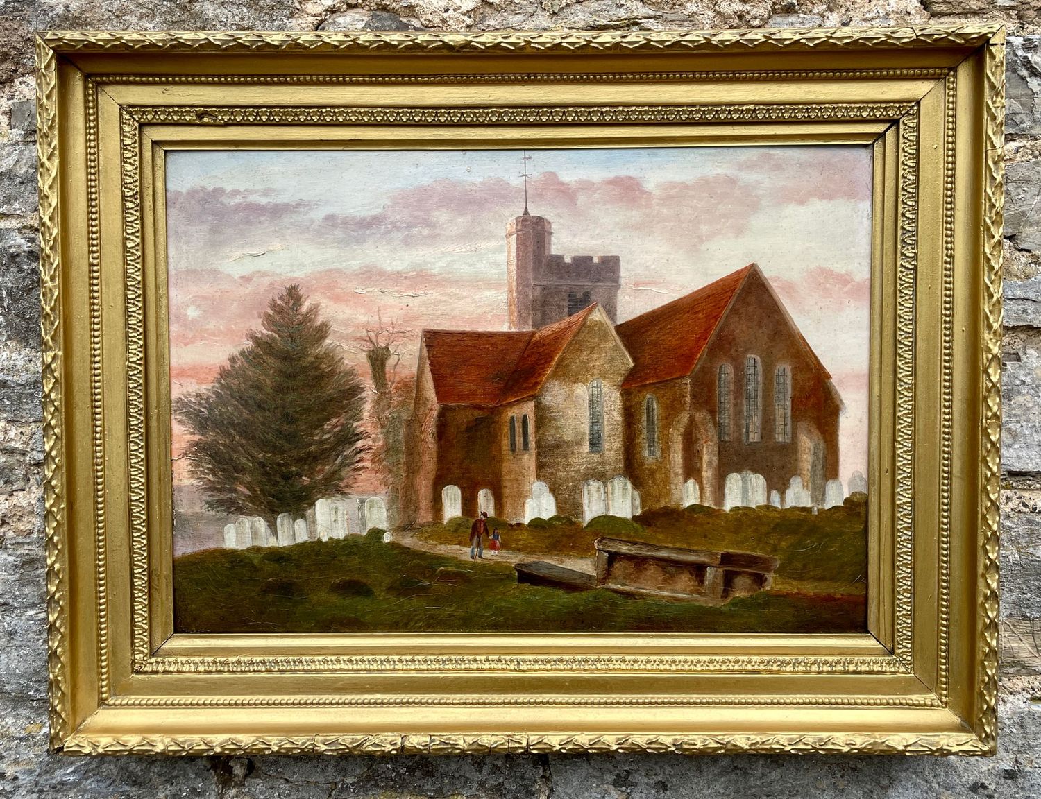 Oil on Board of Broughton-under-Blean Church by F.Baker 1869