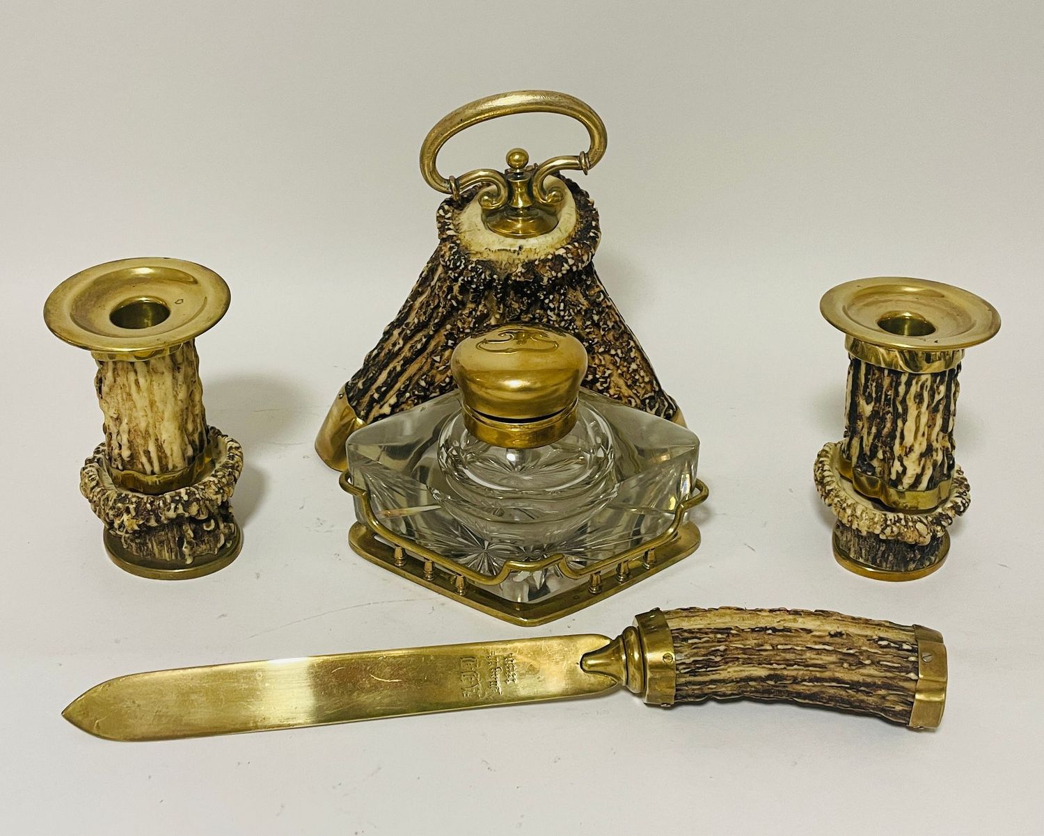Victorian Brass Mounted Antler Desk Set