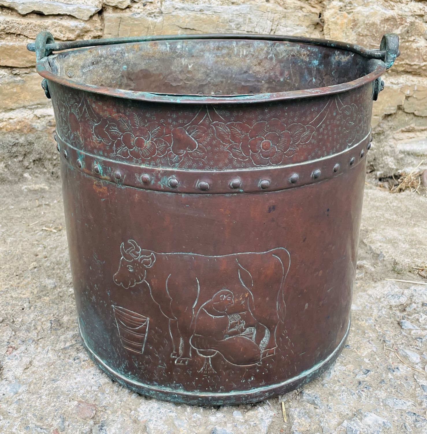 ​Victorian Copper Riveted Bucket with Naive Decoration