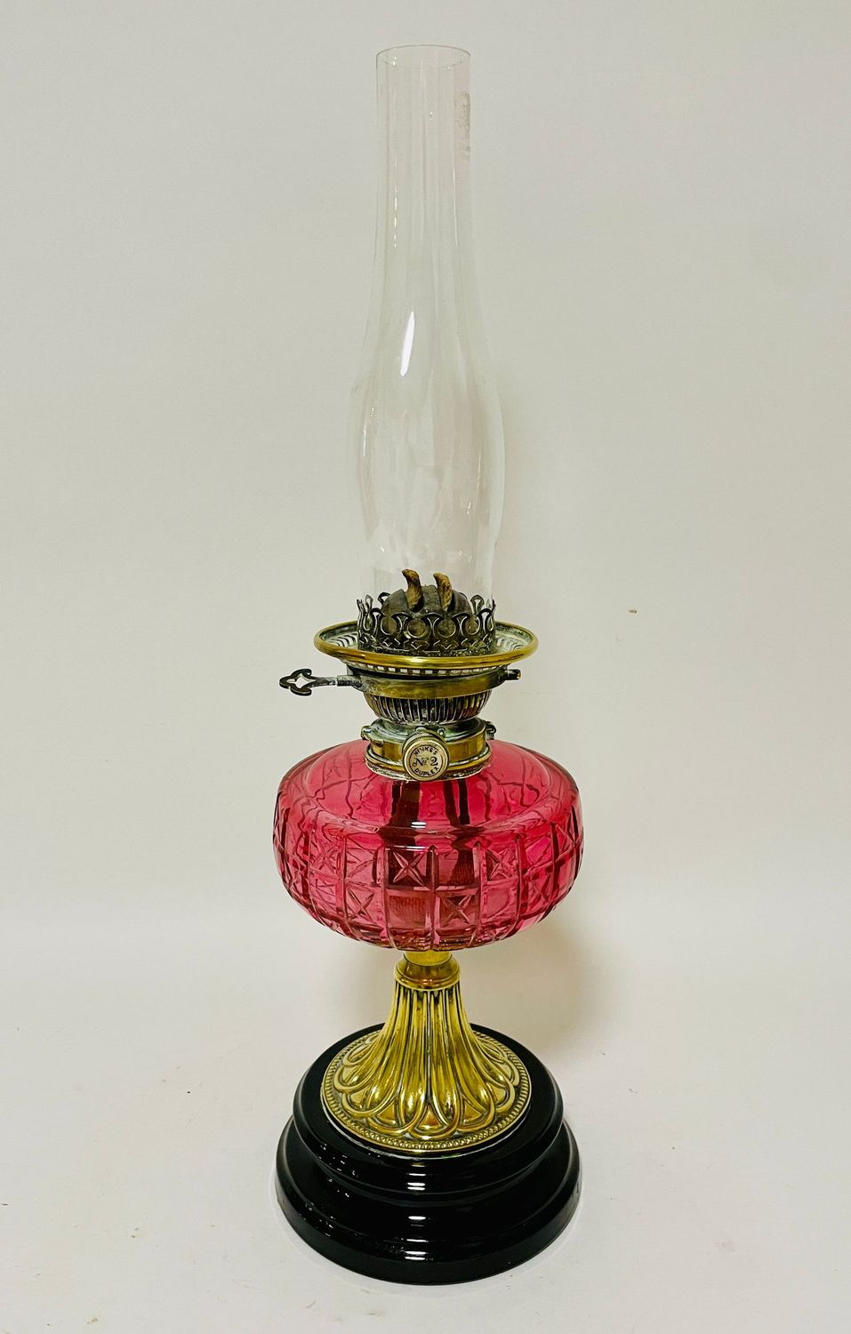 Victorian Cranberry Glass Oil Lamp with Hinks Burner