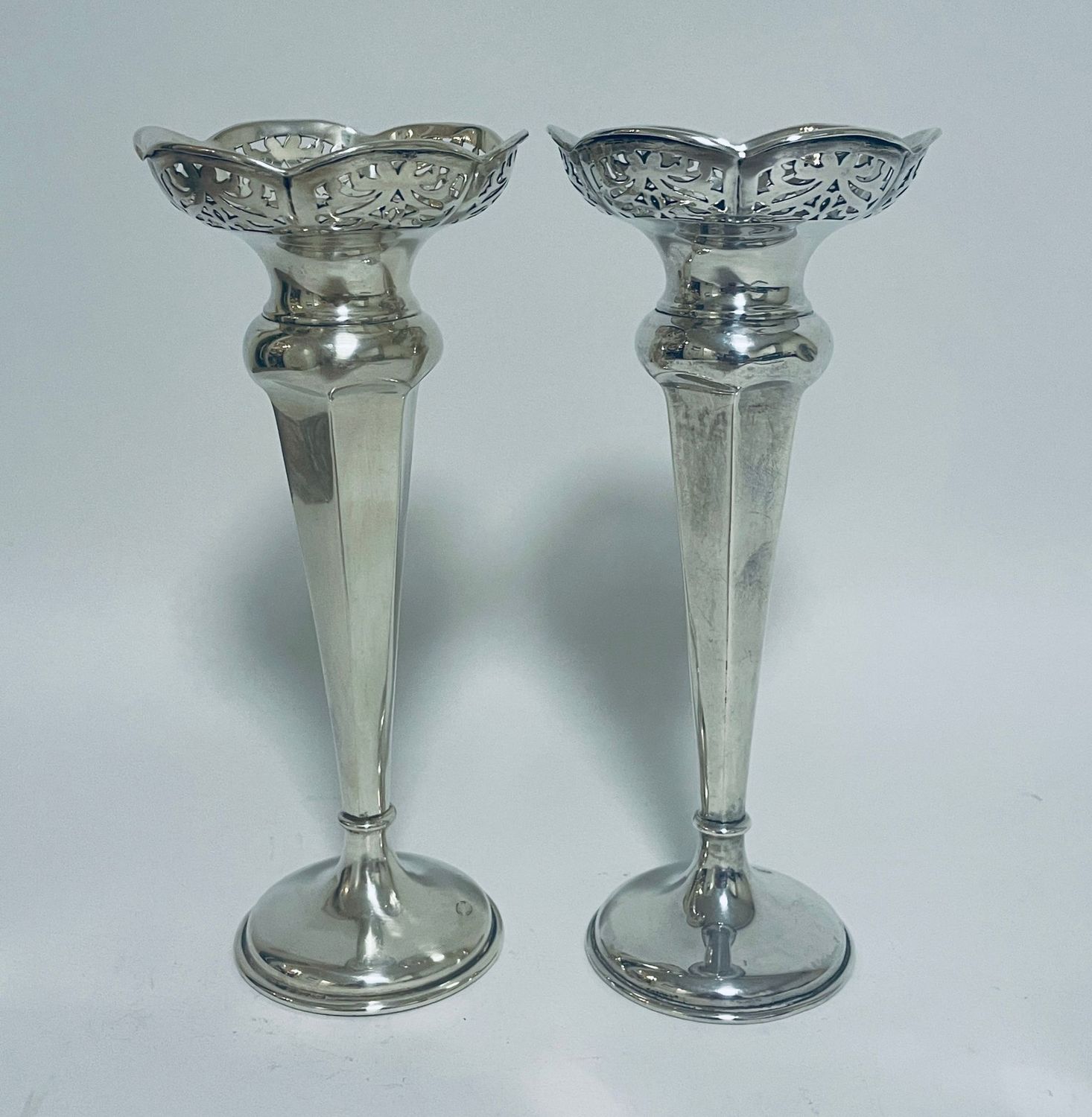 Pair of Antique Silver Trumpet Vases