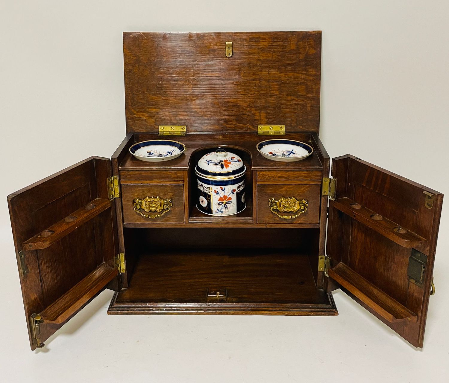 Edwardian Oak Smokers Cabinet with Imari Bowls