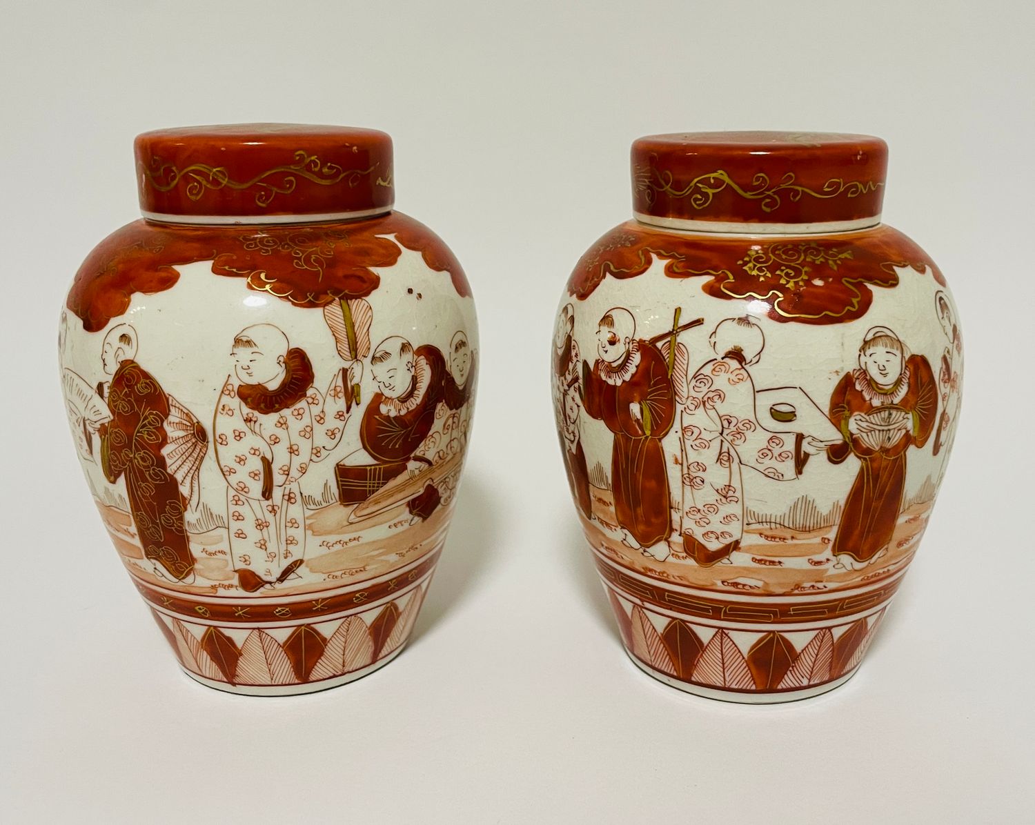 Pair Antique Japanese Kutani Ginger Jars