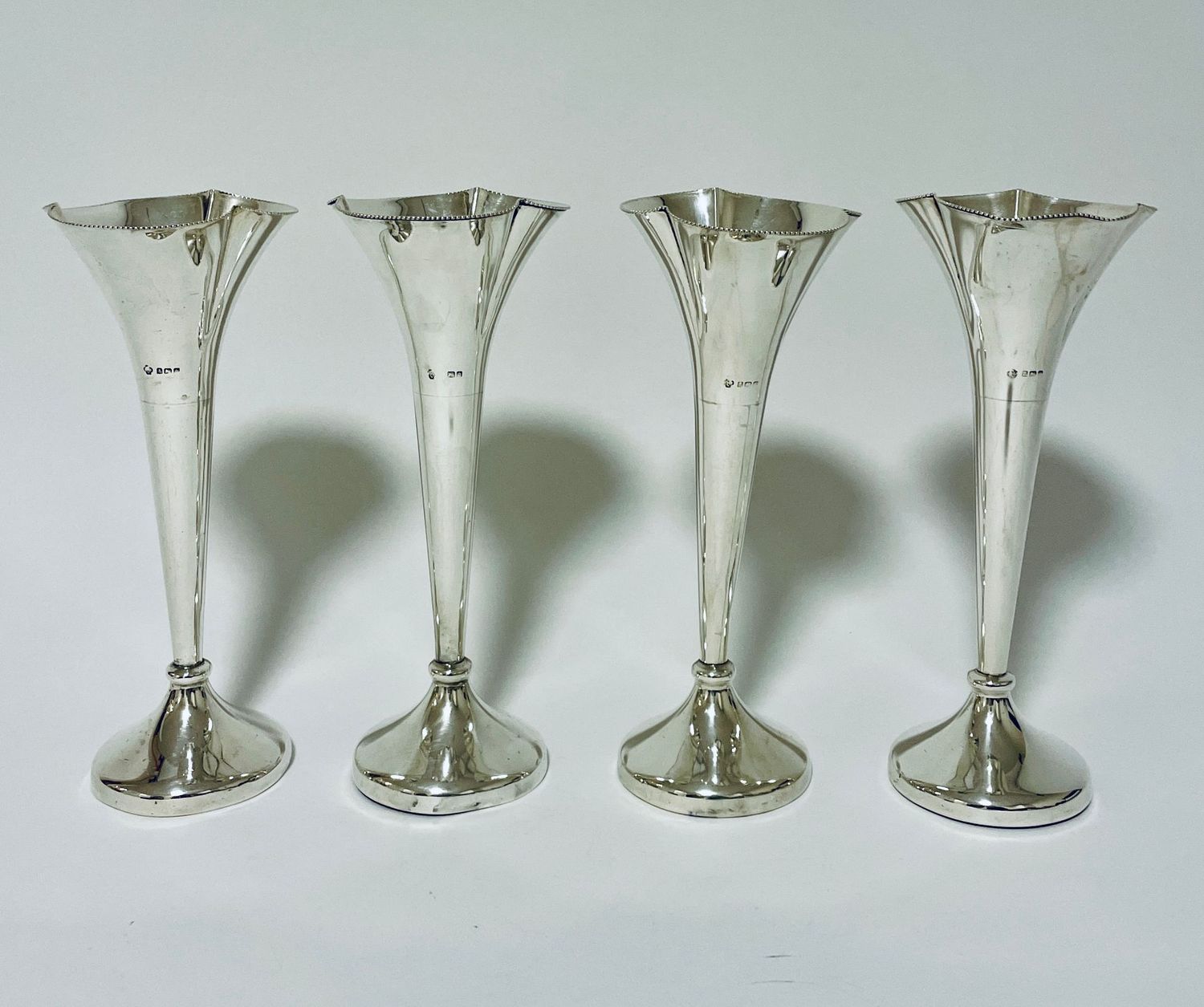 Set of 4 Antique Sterling Silver Trumpet Vases