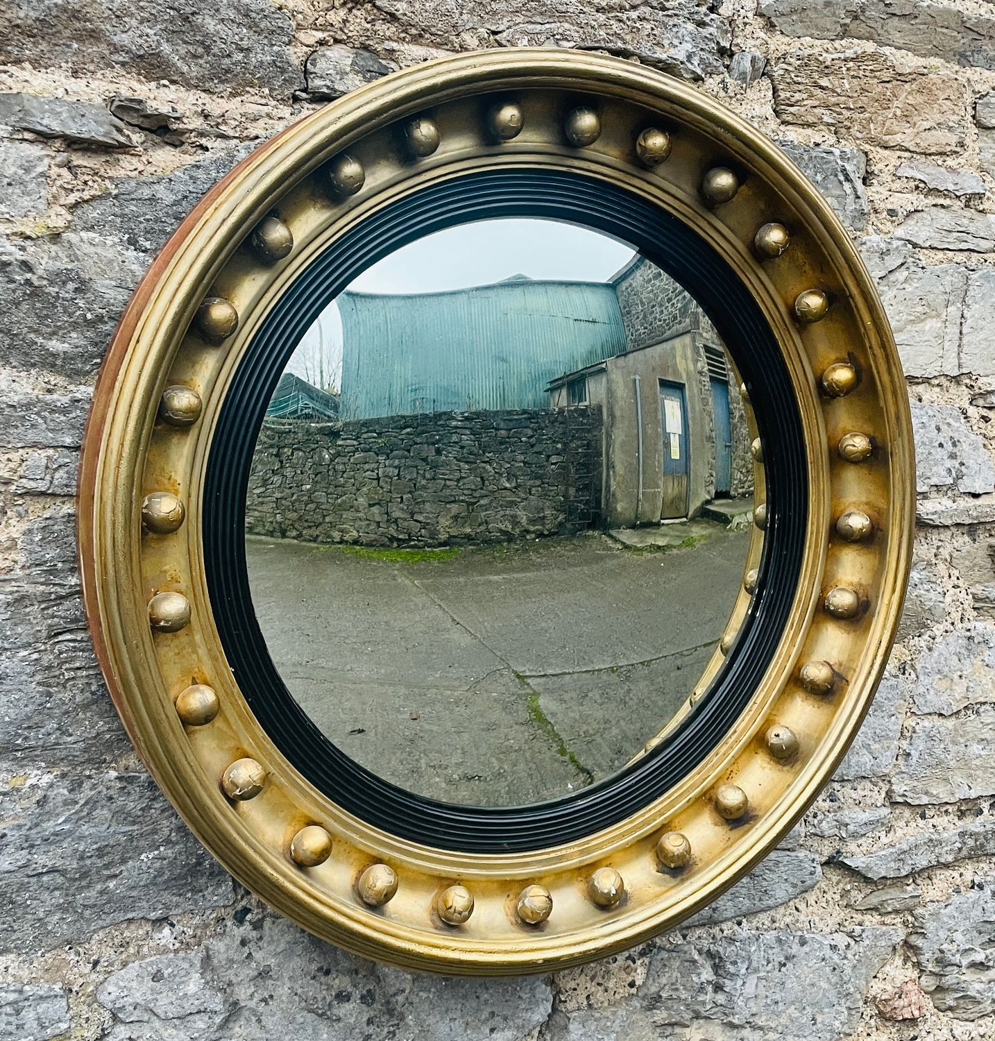 Large Antique Gilt Convex Mirror