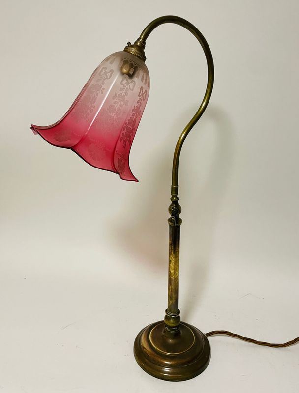 Antique Brass Reading Lamp with Cranberry Glass Shade