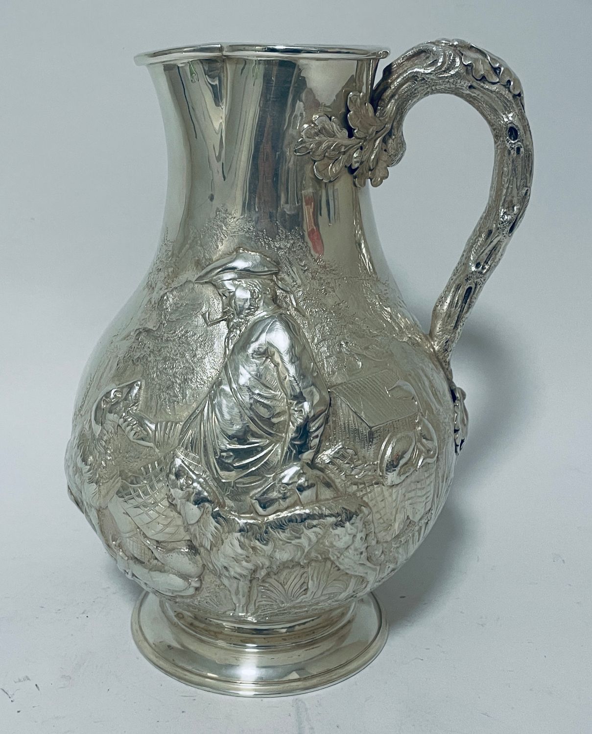 Large Victorian Silver Water Jug embossed with Scottish Hunting Scenes