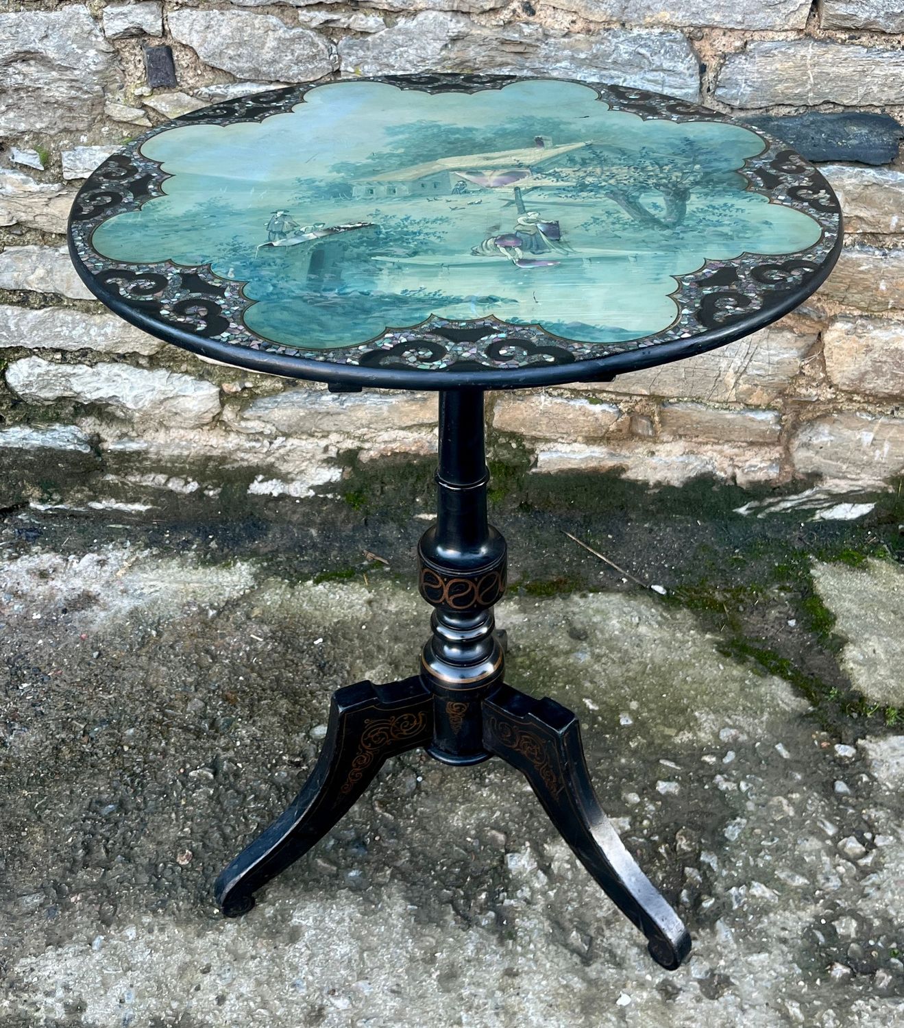 ​Victorian Hand Painted Tilt Top Table with Mother of Pearl Inlay