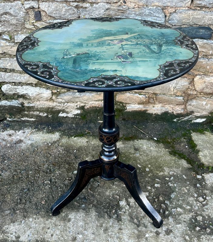 ​Victorian Hand Painted Tilt Top Table with Mother of Pearl Inlay