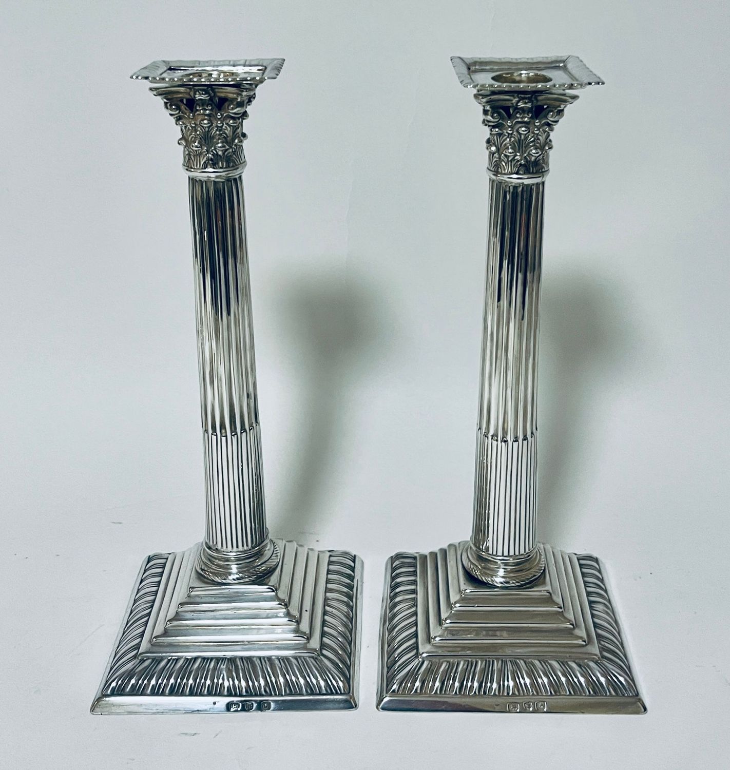 ​Pair of Georgian Silver Corinthian Column Candlesticks