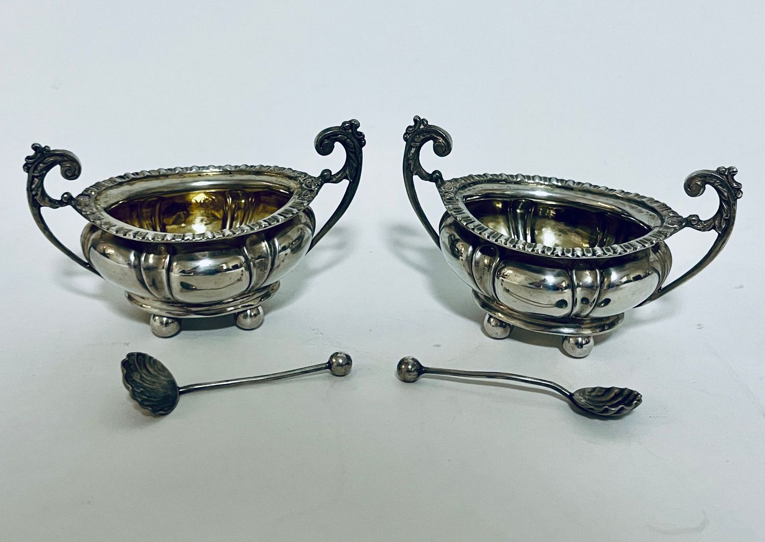 Pair of Antique Silver Salts and Spoons