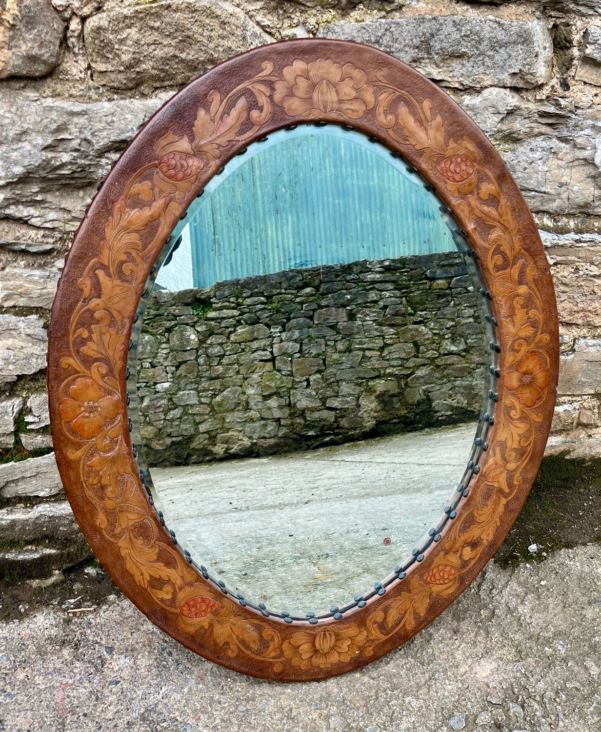 ​Antique Arts and Crafts Leather Mirror
