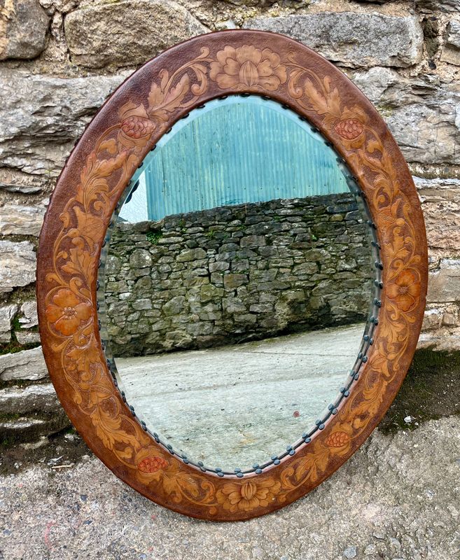 ​Antique Arts and Crafts Leather Mirror