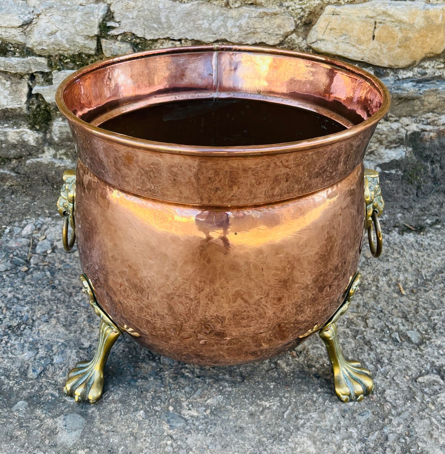 Victorian Copper Cauldron with Brass Lions Paw Feet