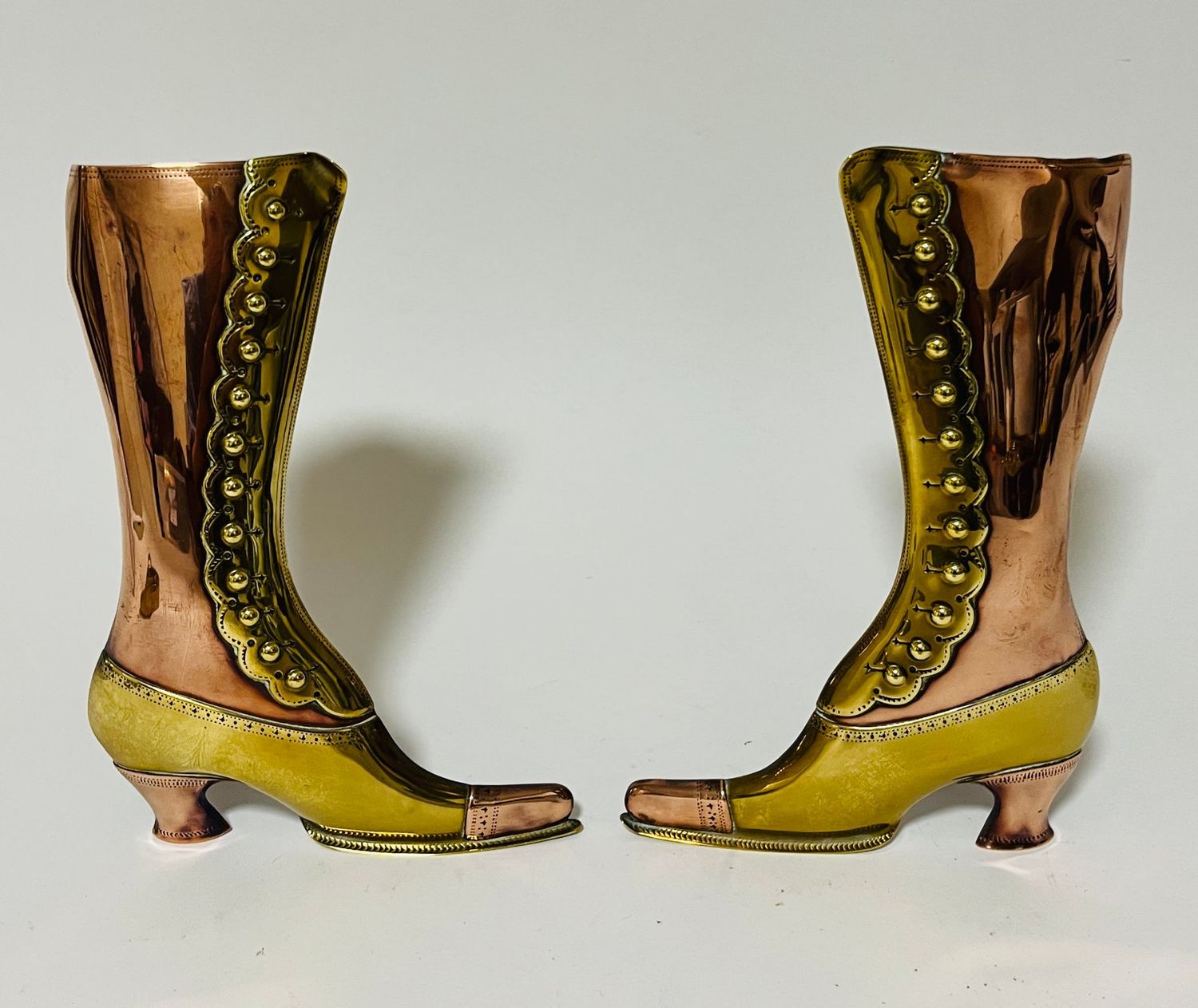 Pair of Victorian Copper and Brass Boot Spill Vases
