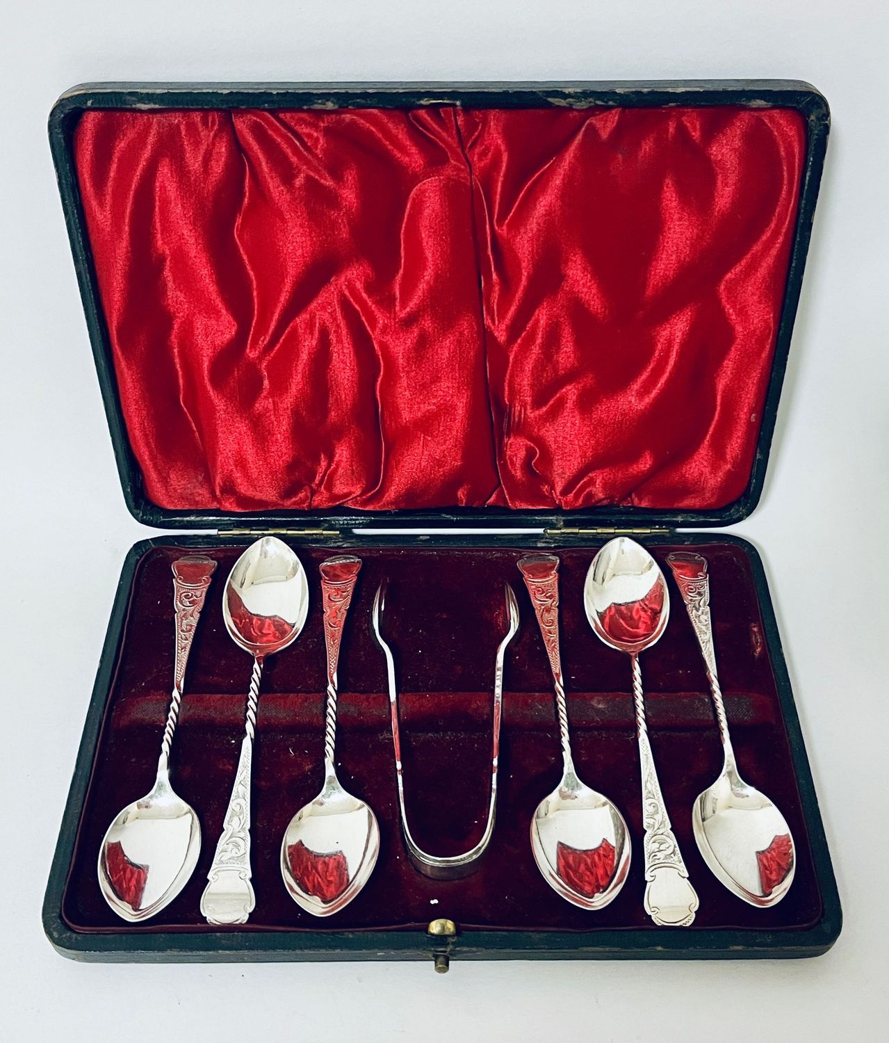Set of 6 Antique Silver Teaspoons & Sugar Tongs