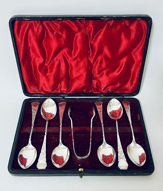 Set of 6 Antique Silver Teaspoons & Sugar Tongs