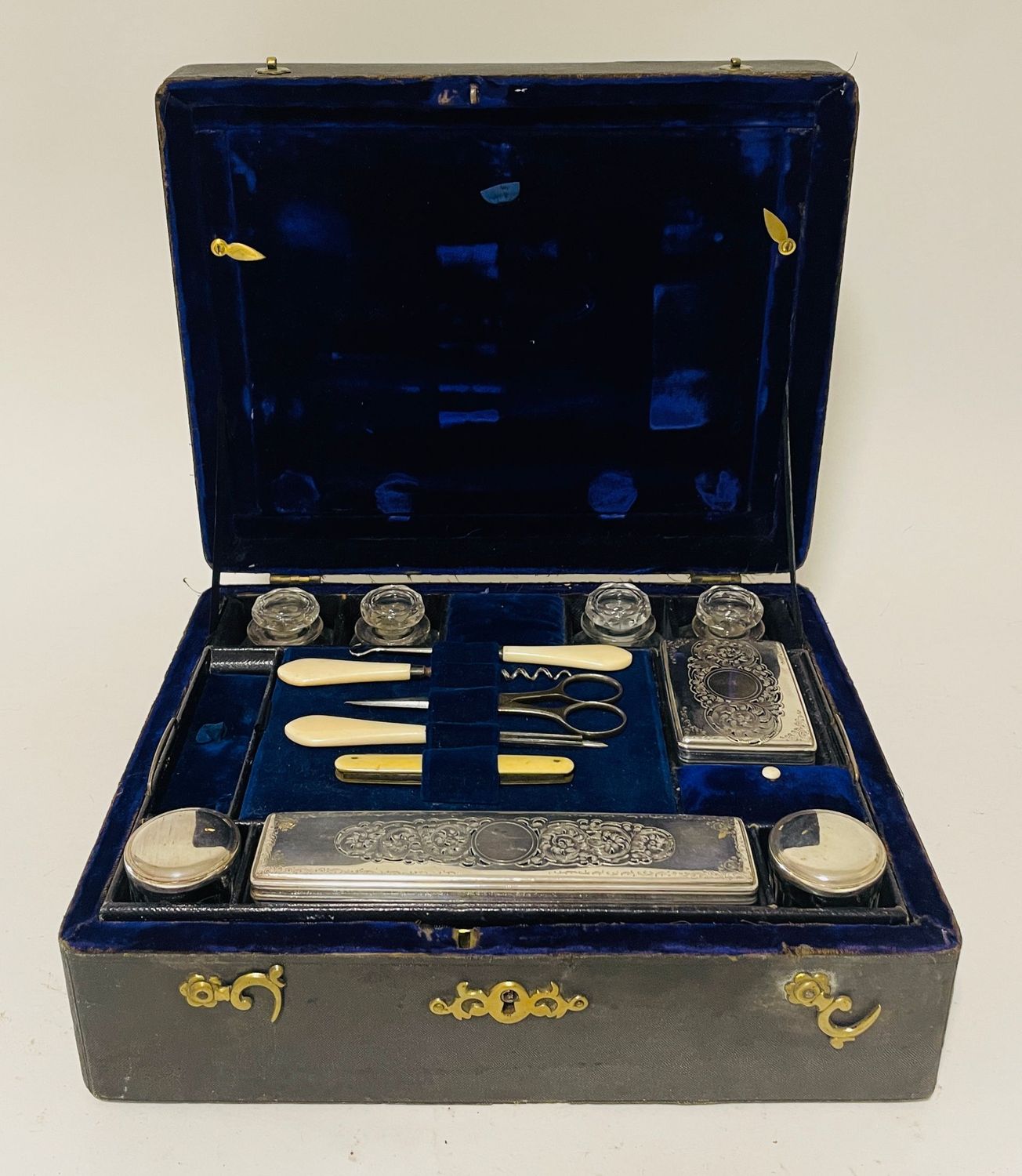 Antique Shagreen Leather Silver Plated Vanity Case