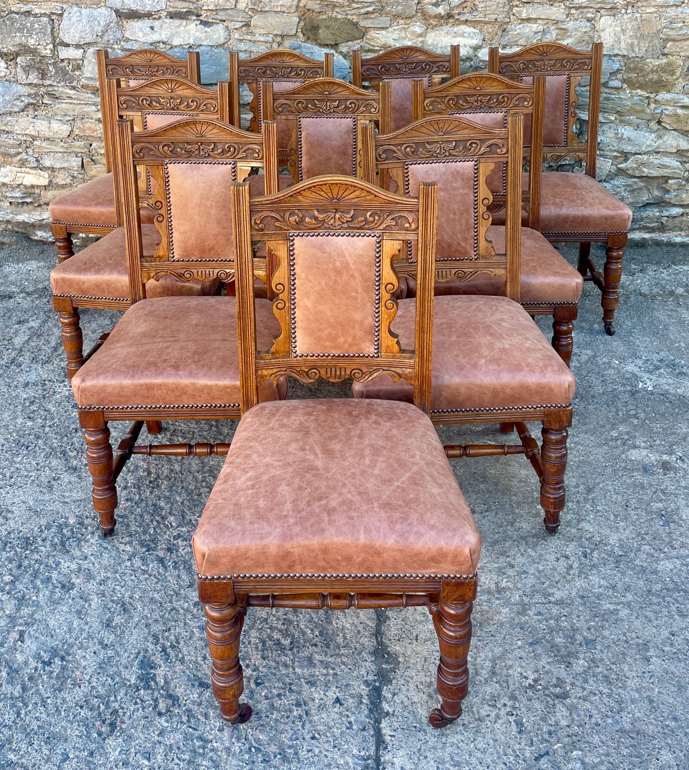 Set of 10 Victorian Oak Dining Chairs