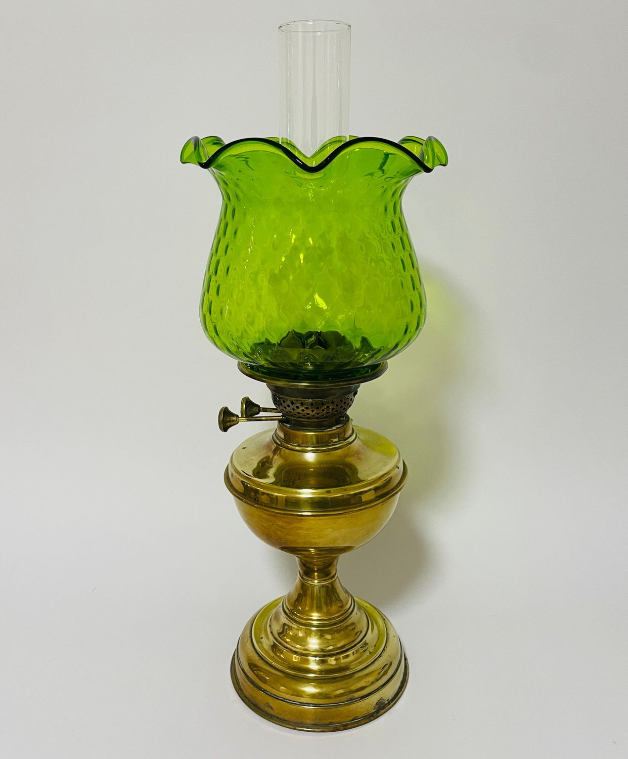 Antique Brass Oil Lamp with Green Glass Shade