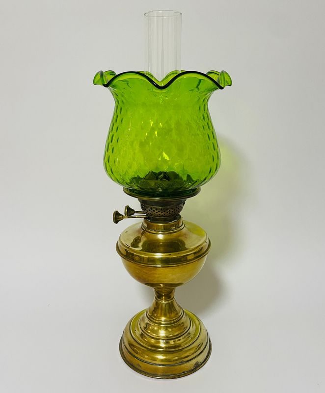 Antique Brass Oil Lamp with Green Glass Shade
