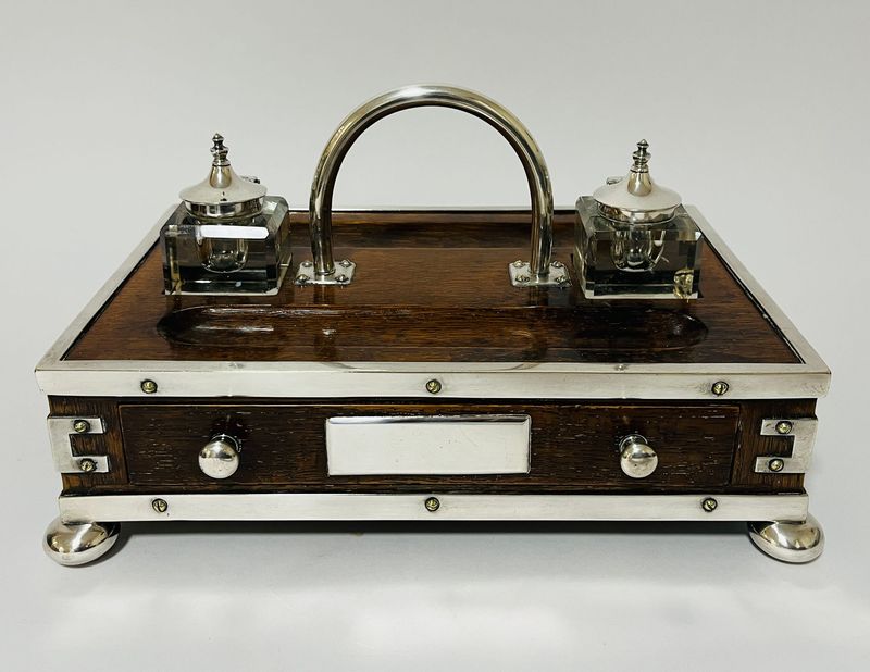 Victorian Oak and Silver Plate Mounted Desk Inkstand
