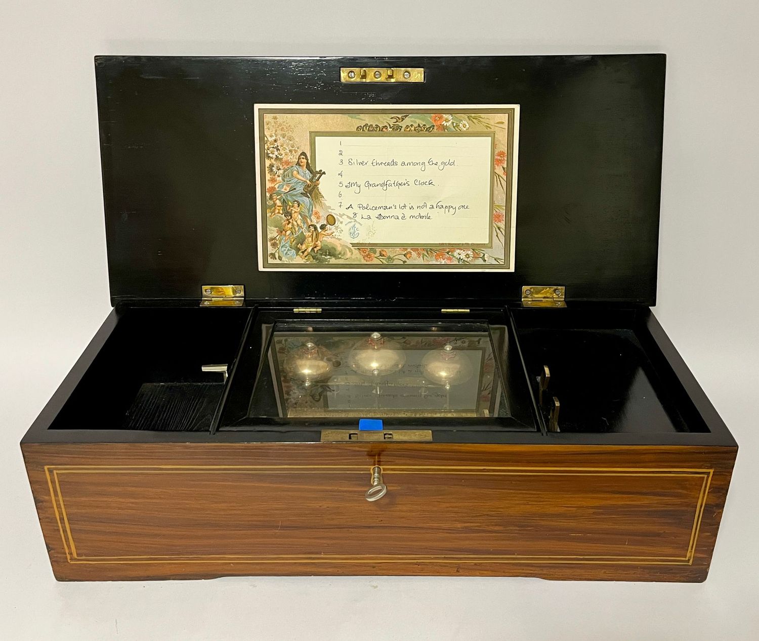 Victorian Swiss Three Bells Cylinder Music Box playing 8 Airs