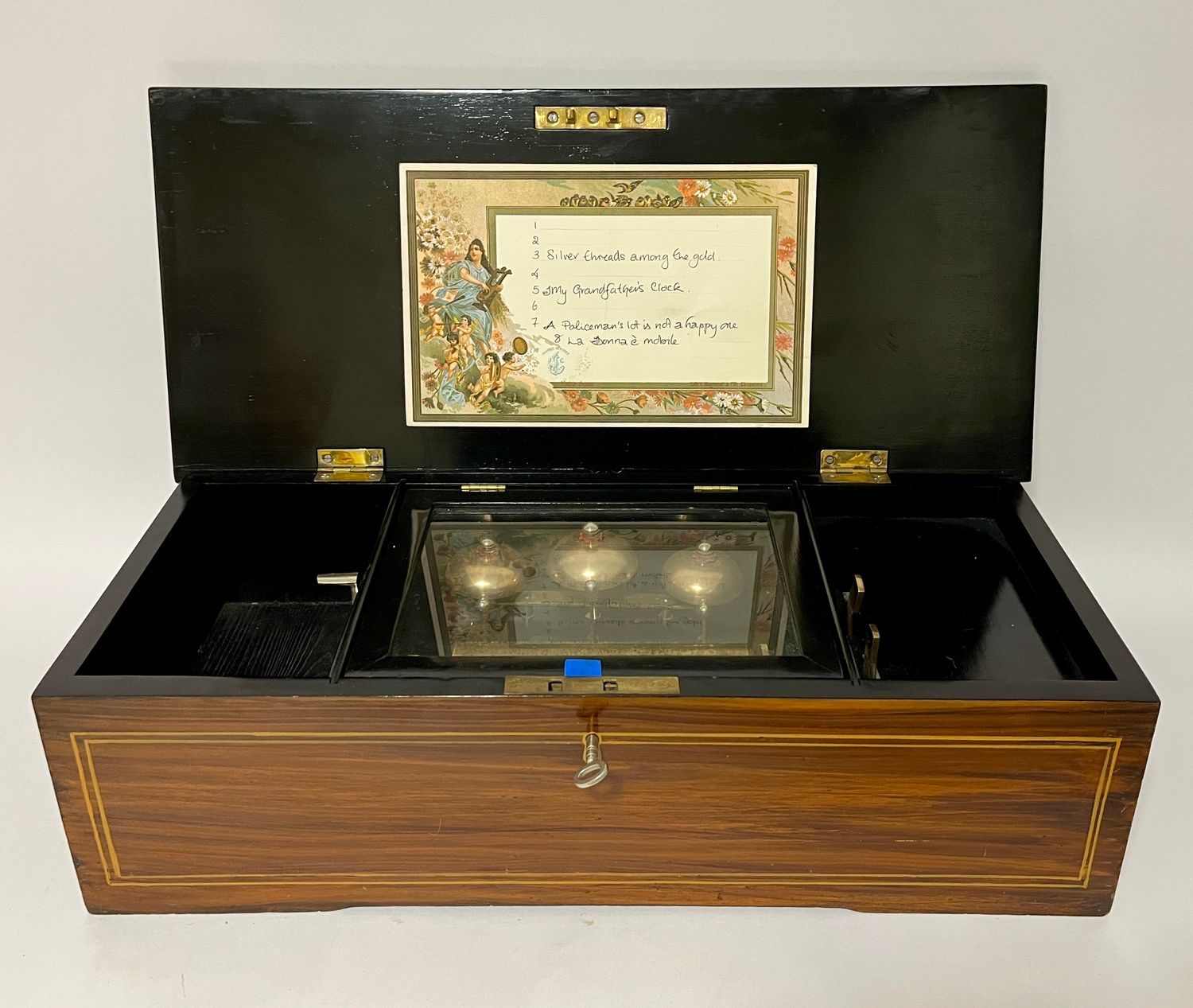 Victorian Swiss Three Bells Cylinder Music Box playing 8 Airs Victorian Swiss Three Bells Cylinder Music Box playing 8 Airs