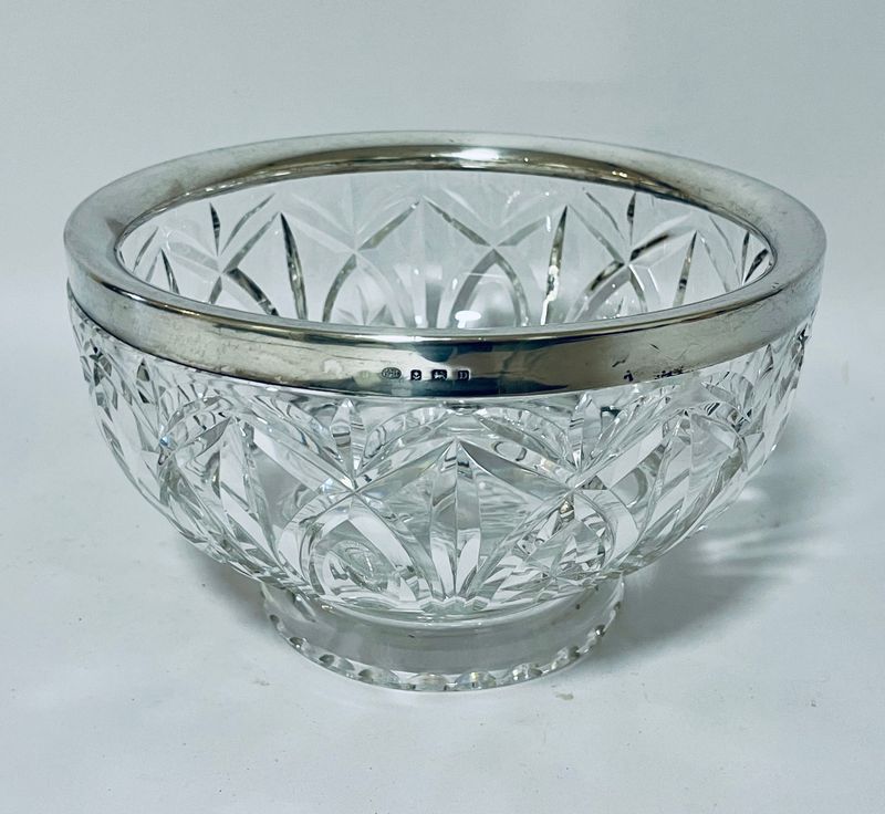 Antique Cut Glass Bowl with Silver Rim