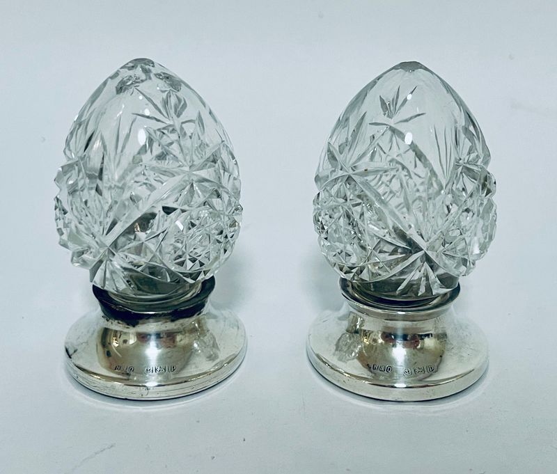 Silver Mounted Glass Salt and Pepper Shakers