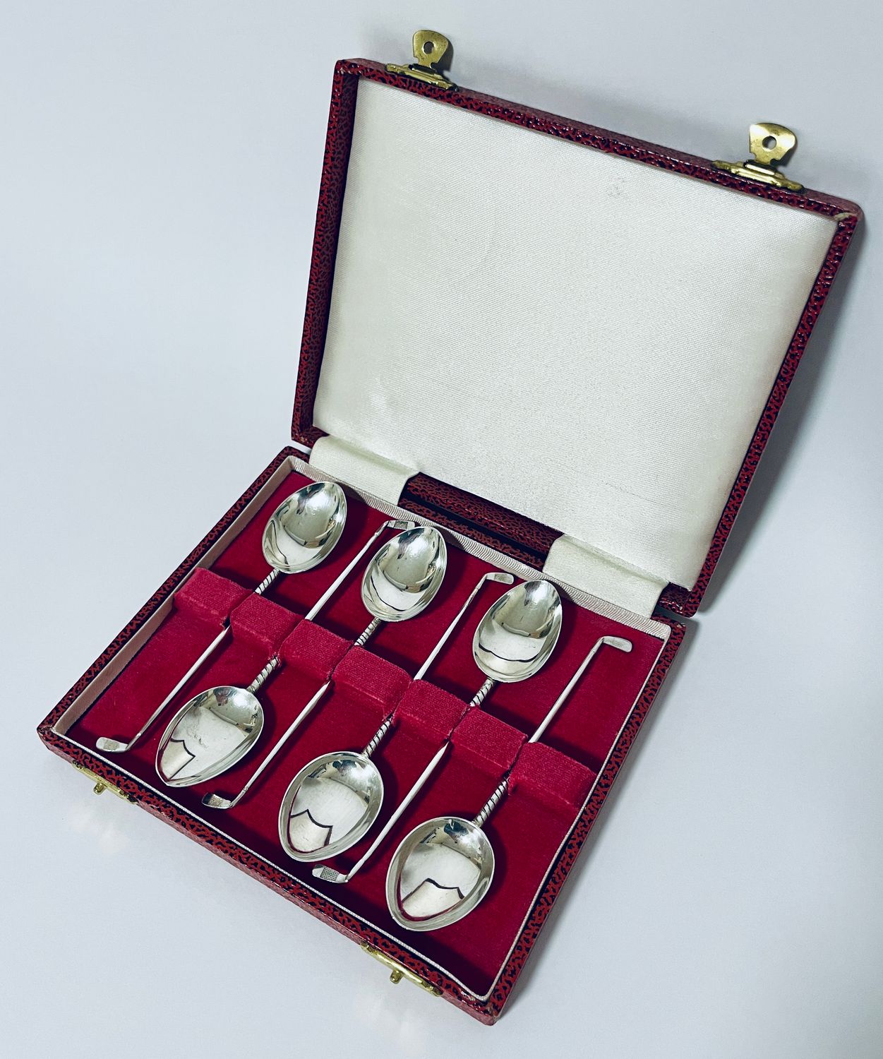 Set of 6 Antique Silver Golf Spoons in Box Set of 6 Antique Silver Golf Spoons in Box