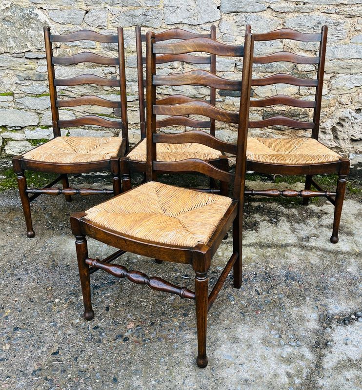 Set of 4 Antique Oak Ladderback Dining Chairs