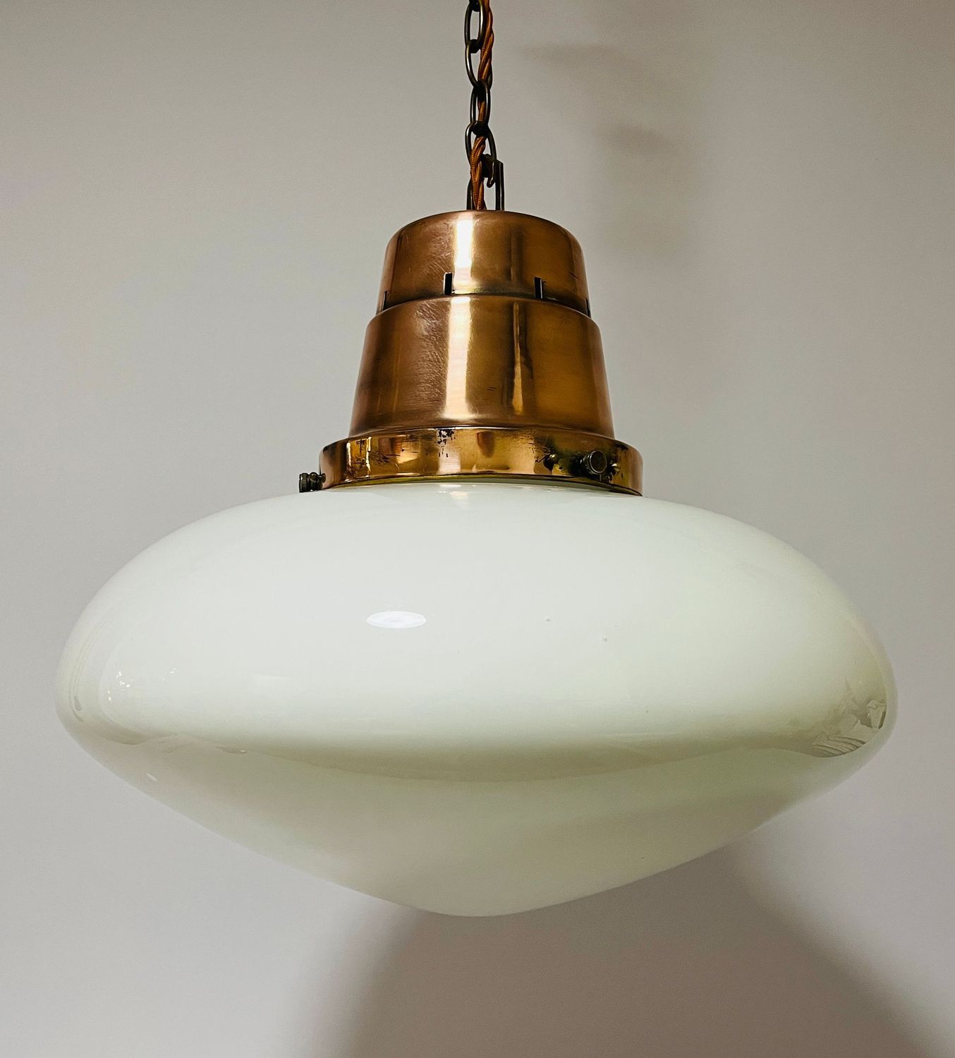 Pair of Large Antique Opaline Pendant Lights with Copper Galleries