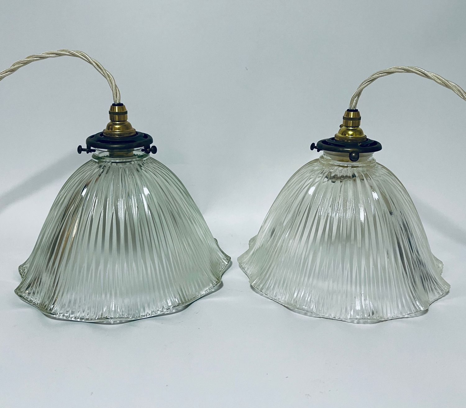Pair of Antique Glass Holophane Pendant Lights