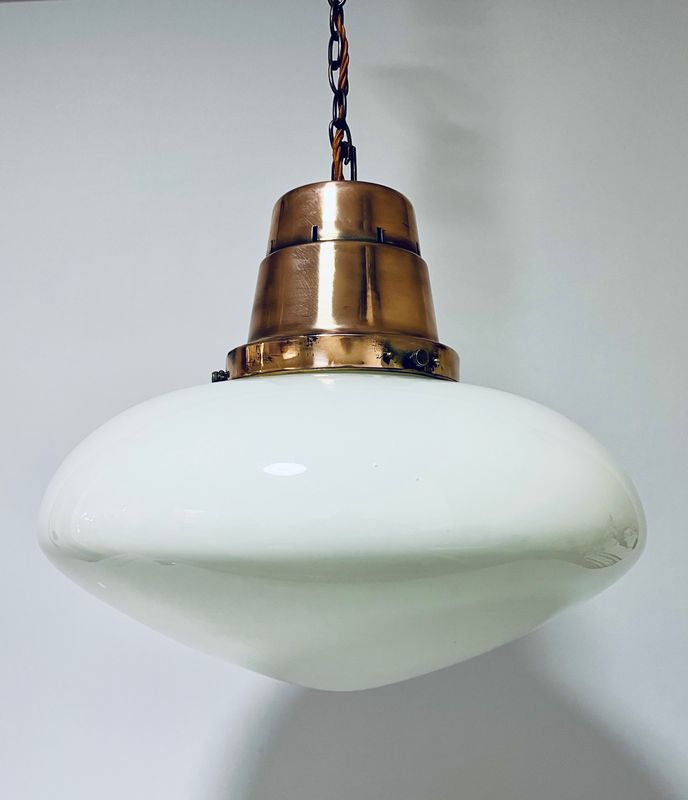 Pair of Large Antique Opaline Pendant Lights with Copper Galleries