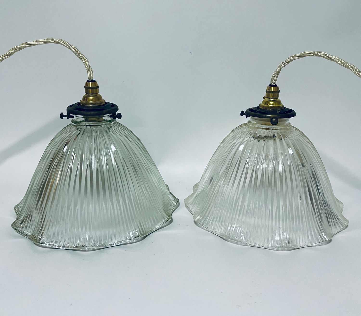 Pair of Antique Glass Holophane Pendant Lights Pair of Antique Glass Holophane Pendant Lights
