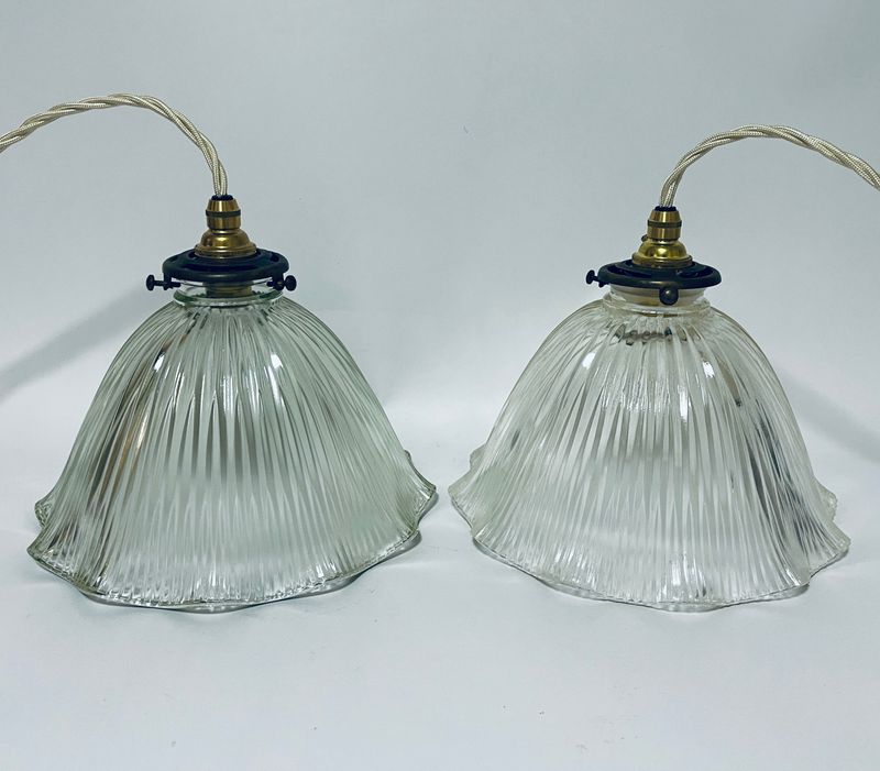 Pair of Antique Glass Holophane Pendant Lights