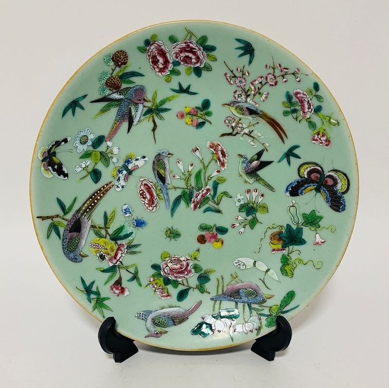 Antique Chinese Celadon Famille Rose Plate